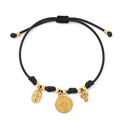 Black Brass and Stainless Steel Cross Virgin Coin Charm Braided Nylon Cord Bracelets, Real 14K Gold Plated, Black, 11.02 inch(28cm)