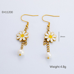 Золотой 304 из нержавеющей стали эмаль болтаться серьги, с пластиковой жемчужины, цветок, золотые, 50 мм