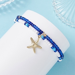 Морская звезда Браслеты с подвесками из морского сплава, браслеты из стеклянных бусин для женщин, золотые, морская звезда, внутренний диаметр: 2.05 дюйм (5.2 см)