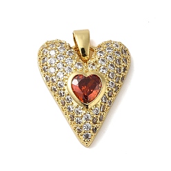 Настоящее золото 18K Подвески из латуни и кубического циркония, без кадмия и без свинца, долговечный, сердце, красные, реальный 18 k позолоченный, 18x15x4.5 мм, отверстие : 2.5x3.8 мм