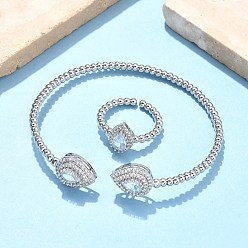 Прозрачный Наборы из каплевидных латунных браслетов-манжет и колец с микропаве из кубических цирконий для женщин, стойки покрытие, платина, прозрачные, браслет: 3~11ширина мм, 59x53 мм внутренним диаметром