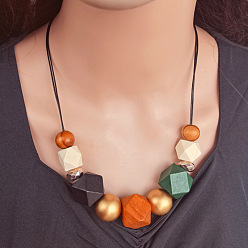 Chocolate Wooden Octagon Round Graduated Beaded Necklaces for Women, with Imitation Leather Cord, Golden, Chocolate, 19.69 inch(50cm)