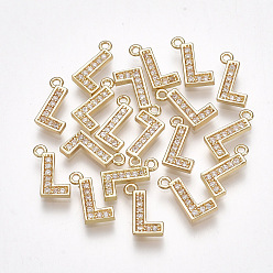 Letter L Brass Cubic Zirconia Charms, Letter, Clear, Real 18K Gold Plated, Letter.L, 10x7x1.5mm, Hole: 1mm