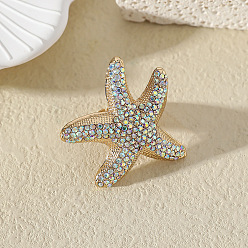 Золотой Сплав со стразами манжеты открытые кольца для женщин, морская звезда, золотые, внутренний диаметр: 18 мм