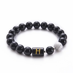 Letter H 10MM Natural Black Onyx(Dyed & Heated) and Howlite Beaded Stretch Bracelets, Alphabet Bracelets, Letter H, 6.60 inch(16.76cm)~8.50 inch(21.58cm)