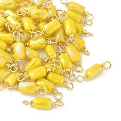 Желтый Гальваническое стекло граненый прямоугольник соединительные подвески, с петлями из латунной проволоки, реальный 18 k позолоченный, стойки покрытие, долговечный, желтые, 15.5x4x3 мм, отверстие : 1.6~1.8 мм