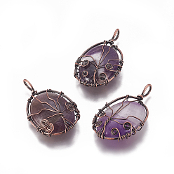 Аметист Подвески из натурального аметиста , с латунной фурнитурой , овальные с деревом, Красная медь, 43.5x26x9 мм, отверстие : 5.5x4 мм