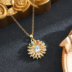 Real 18K Gold Plated Brass Pave Colorful Cubic Zirconia Sunflower Pendant 201 Stainless Steel Cable Chain Necklaces for Women, Ion Plating(IP), Real 18K Gold Plated, 15.75 inch(40cm)