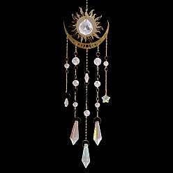 Sun 1Pc Metal Moon Hanging Ornaments, Cone Glass Tassel Suncatchers for Outdoor Garden Decorations, Sun, 450mm