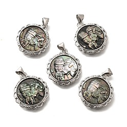 Платина Латунь с резными подвесками из натуральной ракушки, стойки покрытие, плоско-круглые, платина, 22x19.5x3.5 мм, отверстие : 3x4 мм