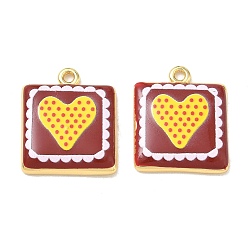 Dark Red Printed Brass Pendants, Square & Heart Charms, Rack Plating, Long-Lasting Plated, Lead Free & Cadmium Free, Real 18K Gold Plated, Dark Red, 22x18.5x3.5mm, Hole: 2mm