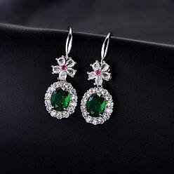 Green Brass Micro Pave Cubic Zirconia Flower with Oval Dangle Earrings for Women, Platinum, Green, 41x11.5mm