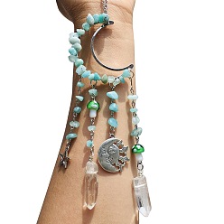 Амазонит Натуральная амазонитовая крошка в проволочной обертке и металлические подвесные украшения в виде луны, Ловец солнца с грибами и стеклянной кисточкой для украшения оконного сада, 250 мм