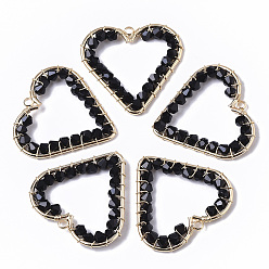 Black Glass Pendants, Wire Wrapped Pendants, with Real 18K Gold Plated Brass Wires and Open Back Bezel Pendants, Nickel Free, Heart, Black, 28x30x3mm, Hole: 1.8mm