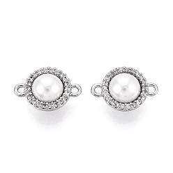 Платина Соединительные подвески из латунных микропаве с прозрачными кубическими циркониями и бусинами из АБС-пластика, имитирующими жемчуг., плоские круглые ссылки, белые, платина, 12.5x9x5.5 мм, отверстие : 1~1.2 мм