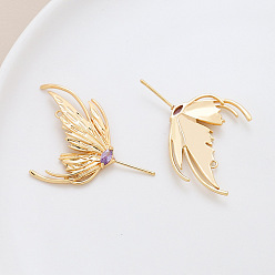 Golden Brass Pave Medium Purple Cubic Zirconia Wing Head Pins, for Baroque Pearl Making, Golden, 42x28mm