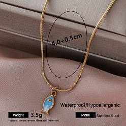 Fish Vintage 304 Stainless Steel Enamel Pendant Necklaces for Women, Golden, Sky Blue, Fish, 15.75 inch(40cm)