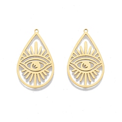 Real 18K Gold Plated 201 Stainless Steel Pendants, Teardrop with Eye, Real 18K Gold Plated, 34.5x21x1mm, Hole: 1.4mm