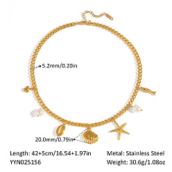 Shell Shape Летний пляж 304 Женские ожерелья с подвеской из нержавеющей стали и натурального жемчуга, золотые, формы раковины, 16.54 дюйм (42 см)