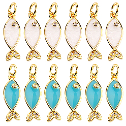 Настоящее золото 18K 12шт 2 цвета латунные кубические циркониевые подвески, без кадмия, без никеля и без свинца, рыбы прелести, с целью перехода в кольце, реальный 18 k позолоченный, 17x6x2.5 мм, 6 шт / цвет