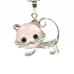 Rose Quartz Natural Rose Quartz Pendants, with Platinum Plated Brass Findings, Cat Shape Charms, 35x29x10mm