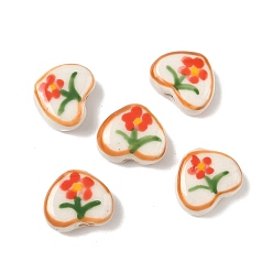 Оранжевый Фарфоровые бусины ручной работы, Сердце со цветками , оранжевые, 12~12.5x14~15x6.5~7 мм, отверстие : 1.8 мм