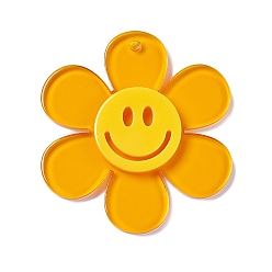 Orange Transparent Acrylic Big Pendants, Sunflower with Smiling Face Charm, Orange, 55x50.5x6mm, Hole: 2.5mm