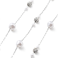 Нержавеющая Сталь Цвет Цепочки из нержавеющей стали ручной работы 304, с полимерными стразами и искусственным жемчугом из АБС-пластика, пайки, круглые, с катушкой, цвет нержавеющей стали, 6.5x6 мм, около 16.40 футов (5 м) / рулон