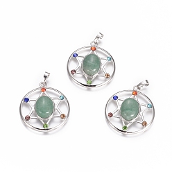 Зеленый Авантюрин Стиль чакр, естественный зеленый авантюрин подвески, с платиновым тоном латуни и горный хрусталь, плоские круглые со звездой, 38.5x34x8.5 мм, отверстие : 7x4 мм