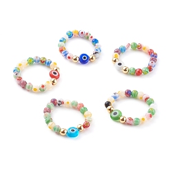 Mixed Color Handmade Millefiori Glass Beaded Stretch Rings, with Evil Eye Lampwork Beads and Brass Beads, Golden, Mixed Color, US Size 10 1/2(20.1mm)