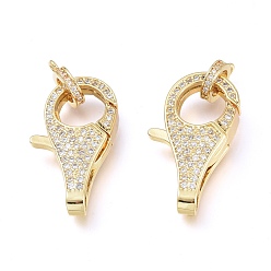 Настоящее золото 18K Латунная застежка-клешня с микропейвом из прозрачного кубического циркония, с поручнями/трубчатыми поручнями, долговечный, реальный 18 k позолоченный, 32.5x16x5.5 мм, отверстие : 3 мм