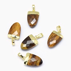 Тигровый глаз Природных тигровый глаз подвески, с длинными латунными накладками, граненые, ножны, золотые, 18~19x11x5 мм, отверстие : 4x6 мм