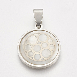 Stainless Steel Color 201 Stainless Steel Pendants, with Shell, Flat Round with Circle, Stainless Steel Color, 23x20x3~4mm, Hole: 3x6mm