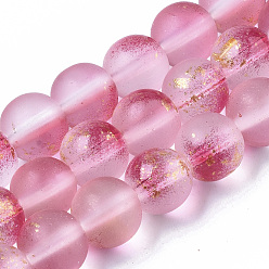 Camellia Frosted Spray Painted Glass Beads Strands, with Golden Foil, Round, Camellia, 8~9mm, Hole: 1.2~1.5mm, about 46~56pcs/Strand, 14.37 inch~16.3 inch(36.5~41.4cm)