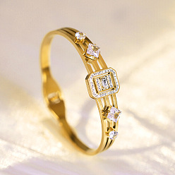 Золотой 304 браслеты из прозрачного кубического циркония с микропаве из нержавеющей стали., шарнирные браслеты для женщин, прямоугольные, золотые, внутренний диаметр: 2-3/8 дюйм (6 см)