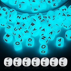 Letter I Cube with Letter Luminous Silicone Beads, Glow in the Dark, Letter I, 12x12x12mm, Hole: 2mm