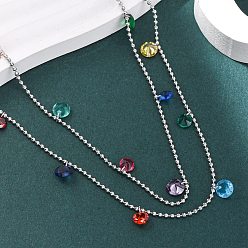 Нержавеющая Сталь Цвет 304 Женские ожерелья с шариковой цепочкой из нержавеющей стали, разноцветными кубическими цирконами, плоскими круглыми кисточками, двухслойные, цвет нержавеющей стали, 15.59 дюйм (39.6 см)