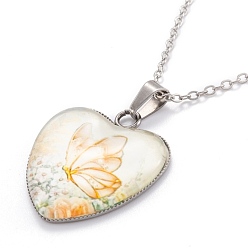 Butterfly Stainless Steel Pendant Necklaces, with Glass and Alloy Cable Chains, Heart, Colorful, Stainless Steel Color, Butterfly Pattern, 23.82 inch(60.5cm)