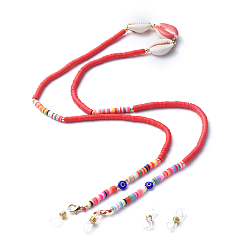 Red Neck Strap for Glasses, Eyeglass Holder Strings Cords, with Polymer Clay Heishi Beads, Cowrie Shell, Lampwork Beads and Rubber Loop Ends, Red, 30.7 inch(78cm)