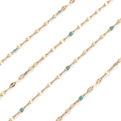 Dark Turquoise Handmade 304 Stainless Steel Dapped Chains, Cable Chains, with Enamel and Spool, Soldered, Flat Oval, Long-Lasting Plated, Dark Turquoise, 3x1.5x0.1~1mm, about 32.8 Feet(10m)/roll