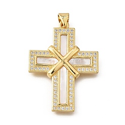 Настоящее золото 18K Подвески в форме ракушек из латуни с микропаве и кубическим цирконием, без кадмия и без свинца, крестик, реальный 18 k позолоченный, 33.5x25x3 мм, отверстие : 3.5x4.5 мм