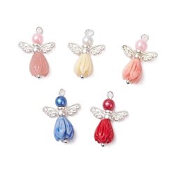 Серебро Бусины в виде цветка розы из непрозрачной смолы с круглыми бусинами из стеклянного жемчуга, бусины в виде крыльев феи из сплава в тибетском стиле и латунные подвески с круглыми головками-булавками, ангел, серебряные, 19x14x6.5 мм, отверстие : 2.3 мм