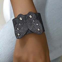 Black Leather Butterfly Link Bracelet with Wide Crods, Black, 8-5/8 inch(22cm)