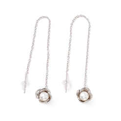 Stainless Steel Color Flower with Plastic Pearl Long Dangle Stud Earrings, 304 Stainless Steel Ear Thread for Women, Stainless Steel Color, 100mm, Pin: 1mm