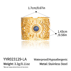 Gemstone 304 Stainless Steel with Natural Gemstone Cuff Open Rings for Women, Flower, Real 18K Gold Plated, 14.3mm, Inner Diameter: 17mm