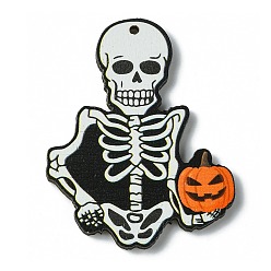 Snow Halloween Single Face Printed Wood Big Pendants, Skull Charms, Snow, 54x43x2.5mm, Hole: 2.5mm