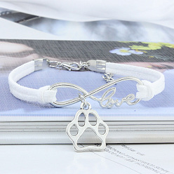 Белый Браслеты с подвесками в виде бесконечности, отпечатка лапы и слова «любовь» из сплава с замшевым шнуром, платина, белые, 6-3/4 дюйм (17 см)