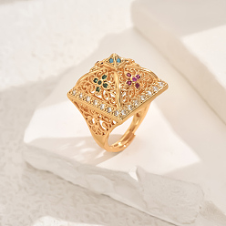 Золотой Латунные микропаве кубические цирконии геометрические полые регулируемые кольца для женщин, золотые, 22 мм, внутренний диаметр: регулируемый