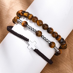 Тигровый глаз Регулируемые браслеты из плетеных бусин из натурального тигрового глаза и гематита, с крестообразным сплавным шариком, внутренний диаметр: 2-1/8~2-3/4 дюйм (5.45~6.85 см)
