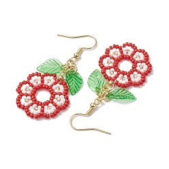 Red Handmade Seed Beads Dangle Earrings, Flower and Leaf, Red, 53.5x24mm